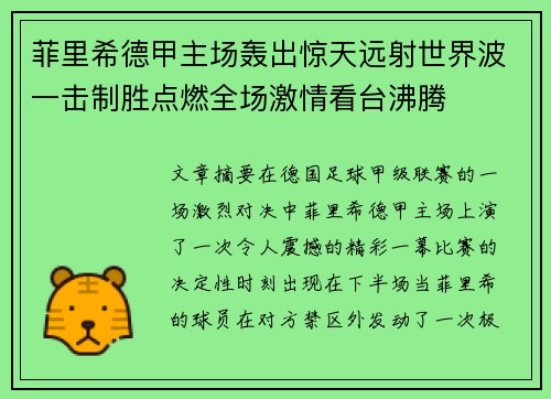 菲里希德甲主场轰出惊天远射世界波一击制胜点燃全场激情看台沸腾